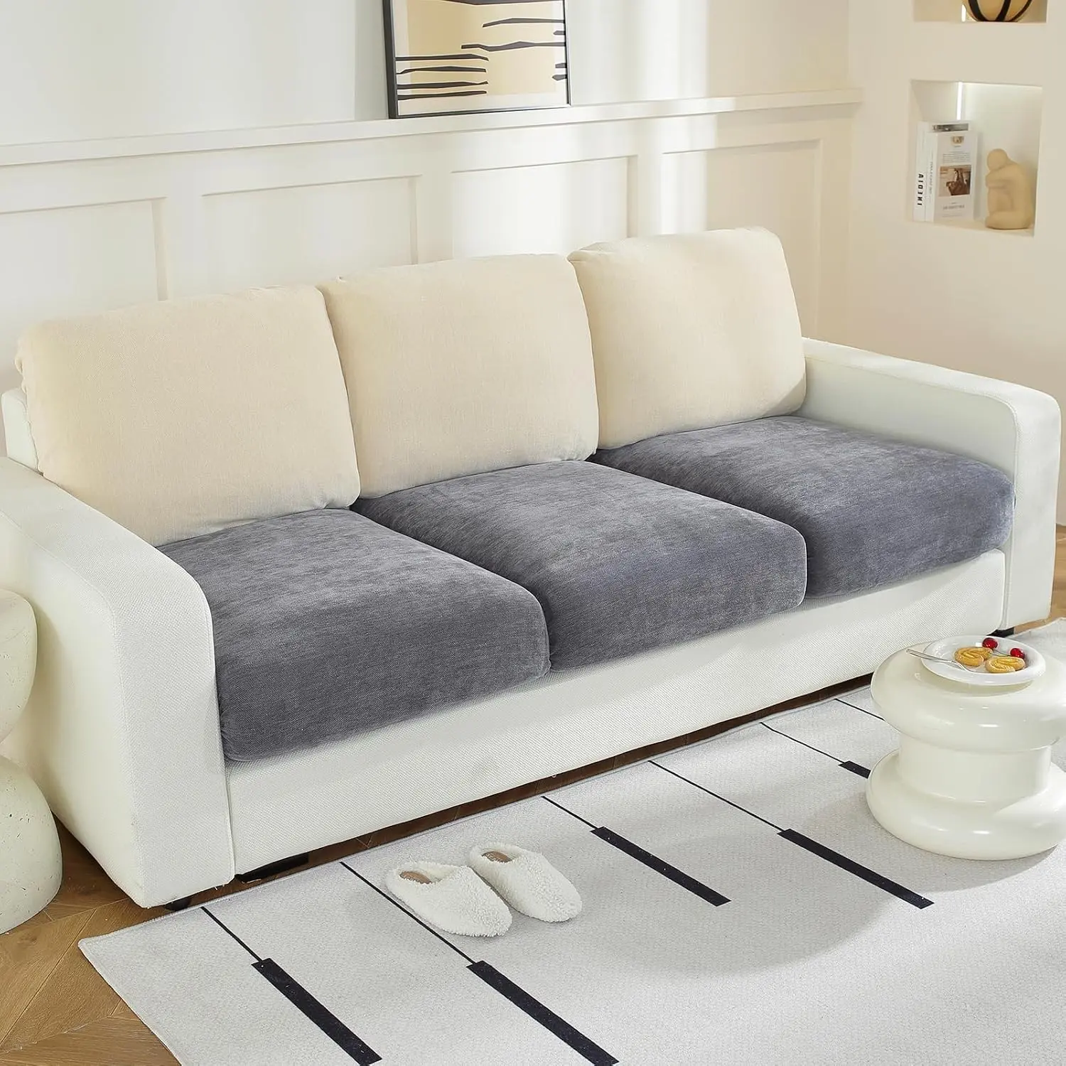 Couch Cushion Covers L Shaped Sectional, 3PC Seat Covers, Dark Grey | Softer Chenille Large Sofa Covers Washable, Non-Slip Individual Stretch Couch Cover