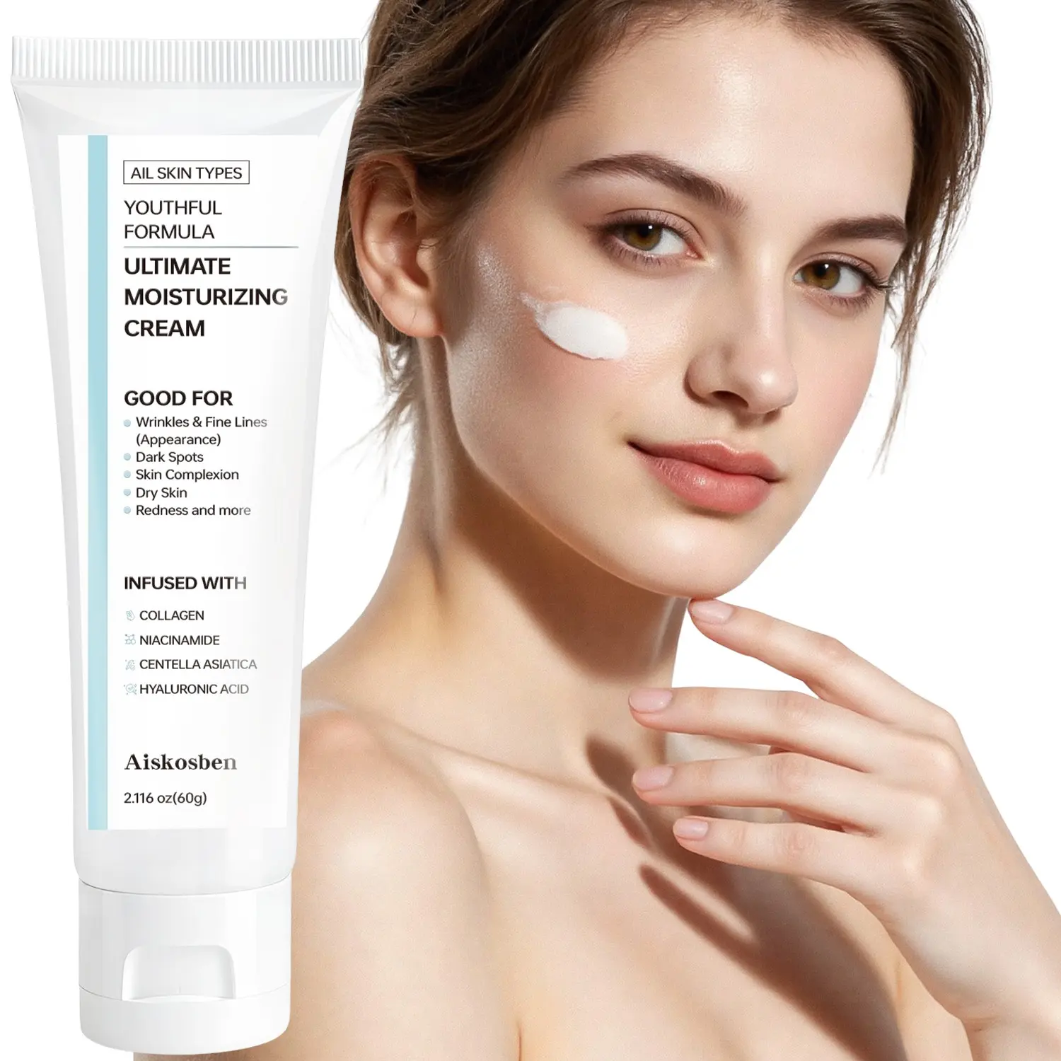 Lightweight Non-Greasy Moisturizer, Contains Collagen, Niacinamide, Hyaluronic Acid, Centella Extract, Suitable for Dry Skin, 60g