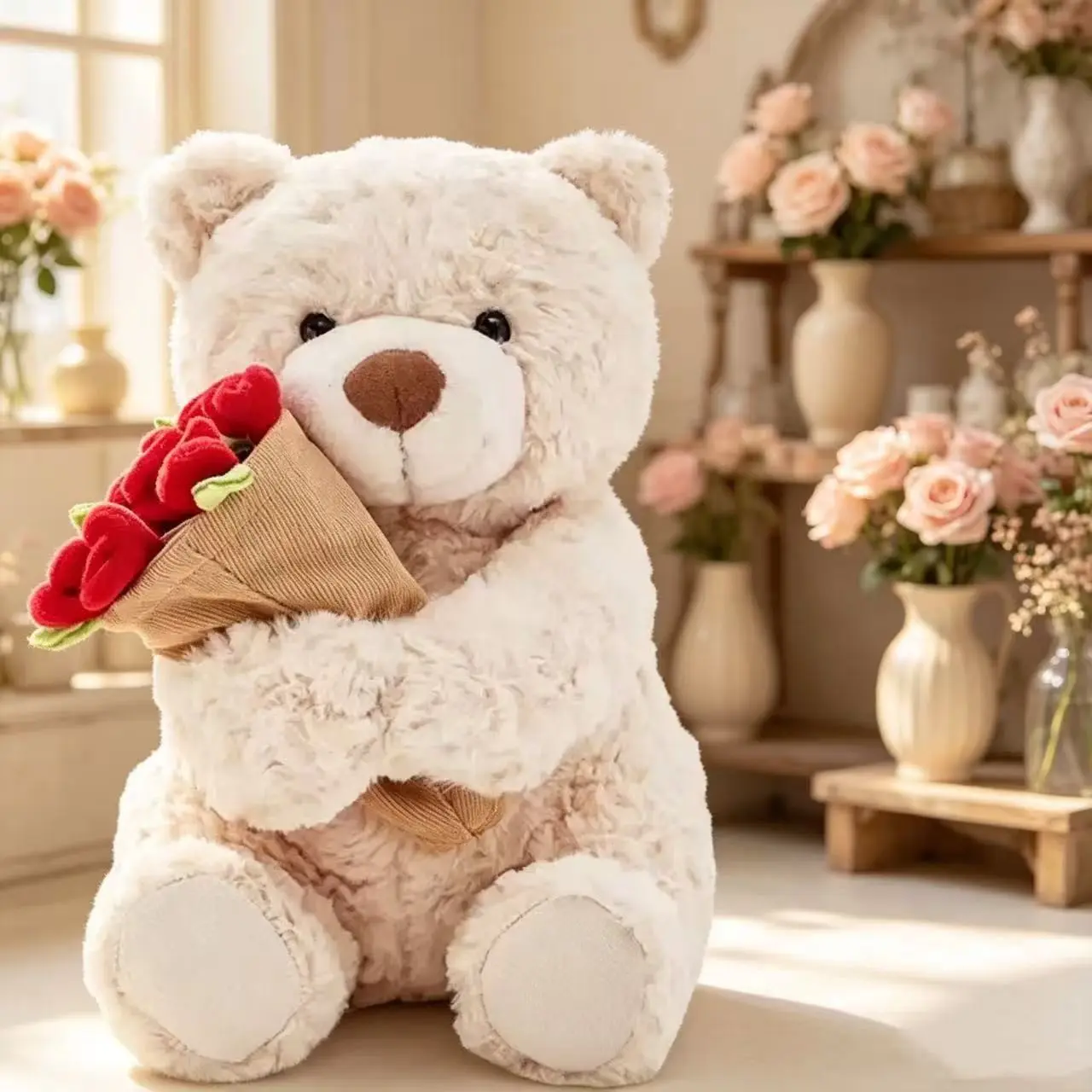 Premium Fluffy Little Bear Decor with Rose Bouquet, Detachable Cherry Floral Hat, Sweet Room Shelf Display for Anniversaries, Holidays, Parties