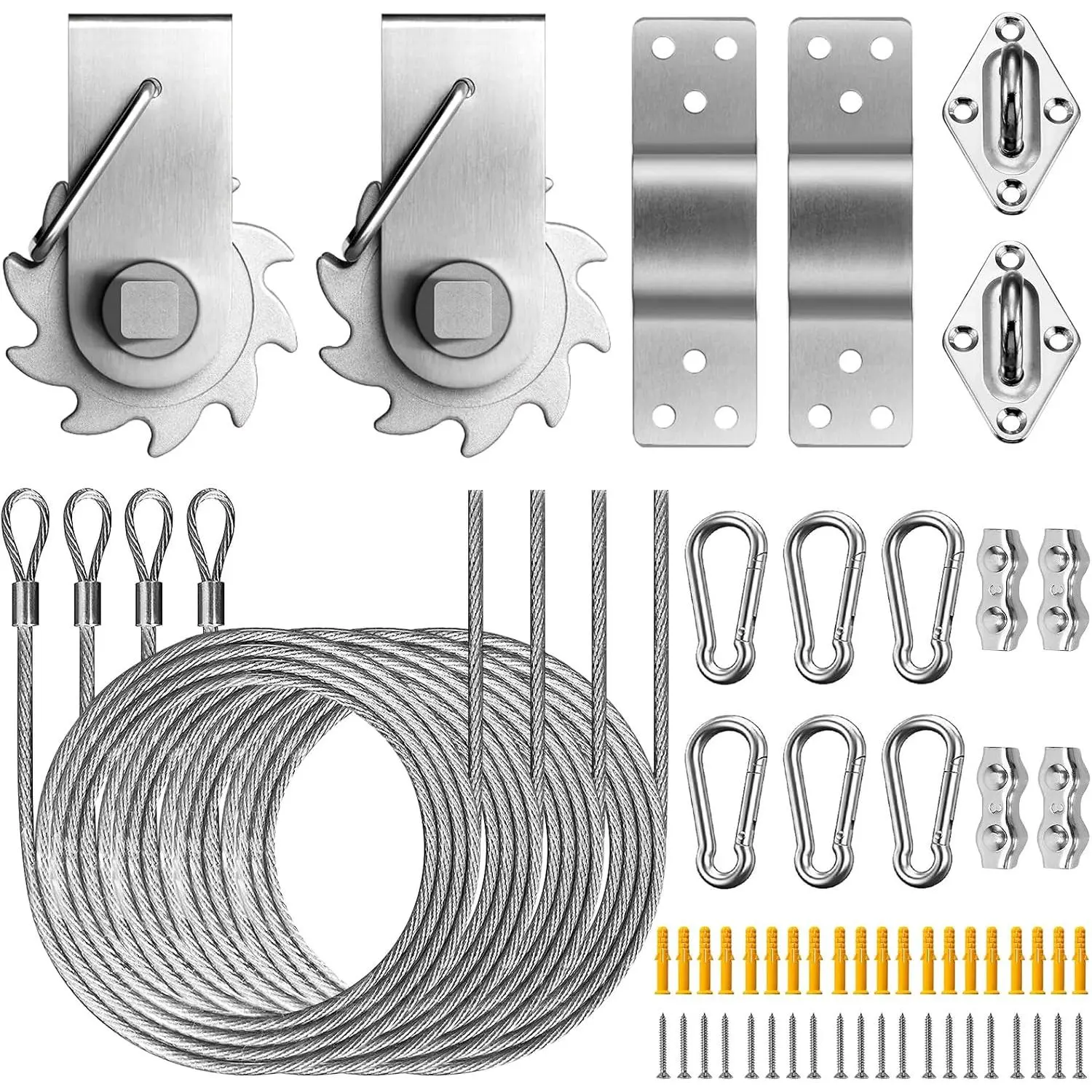 Sunshade sail hardware winch set, 60-piece stainless steel hardware set, suitable for rectangular and triangular sunshades, heavy-duty rust-resistant hardware set, suitable for outdoor garden terraces (ratchet winch + 304 steel wire rope)