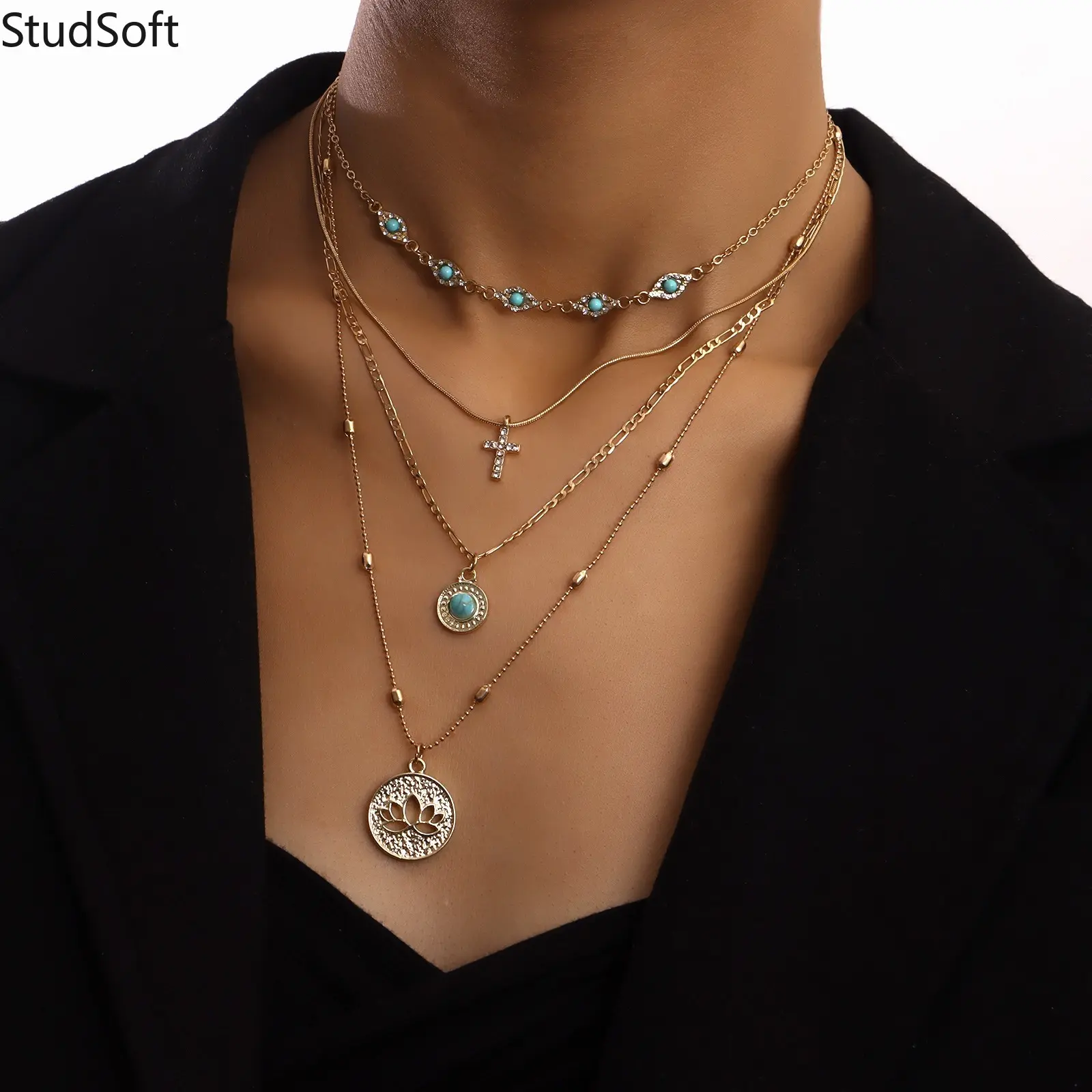 Four Layer Turquoise Necklace for Women Boho Filigree Lotus Medallion Cross Pendant Multilayer Chain Choker for V Neck Blazer Dress Gift