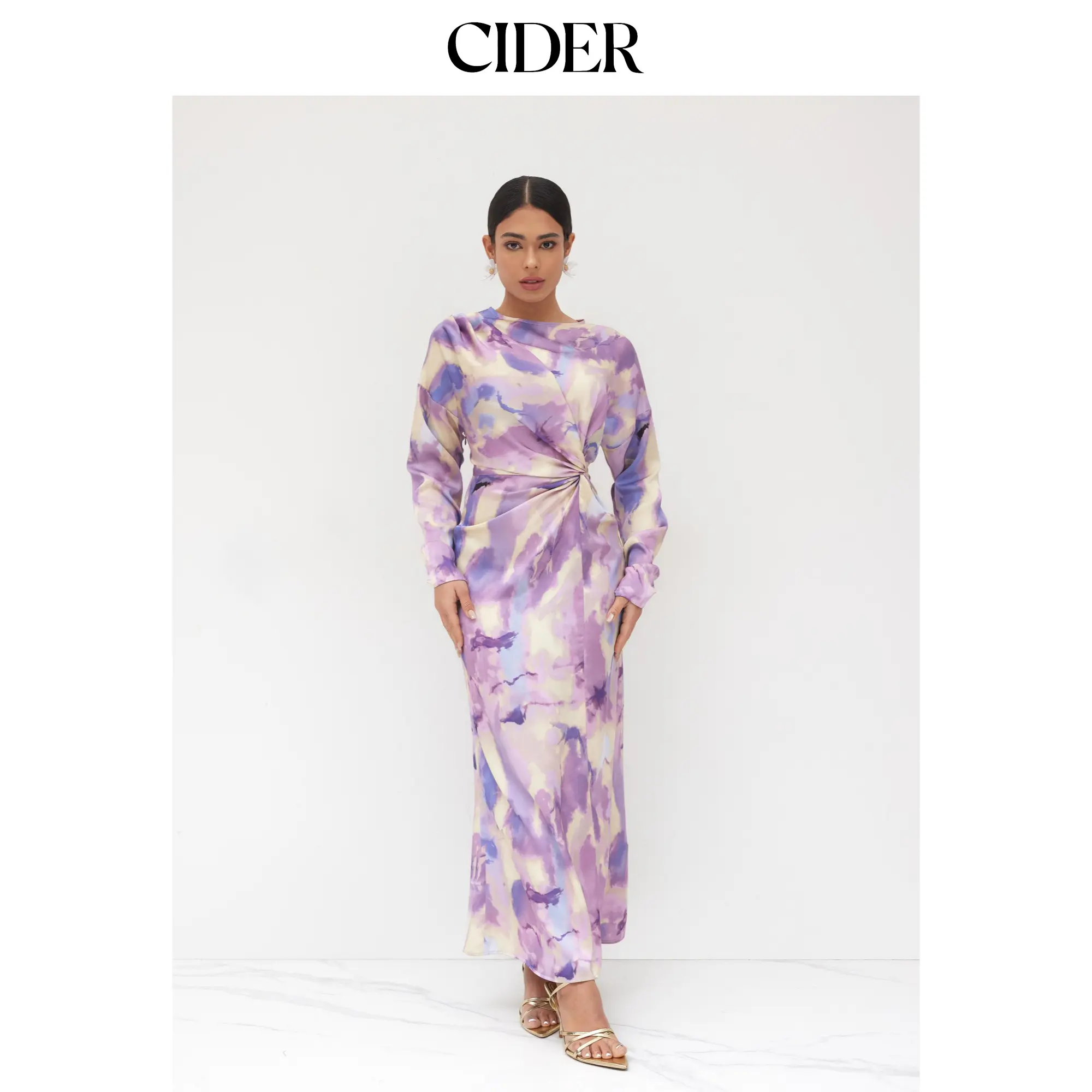 Cider Satin Round Neckline Illusion Print Twist Maxi Dress