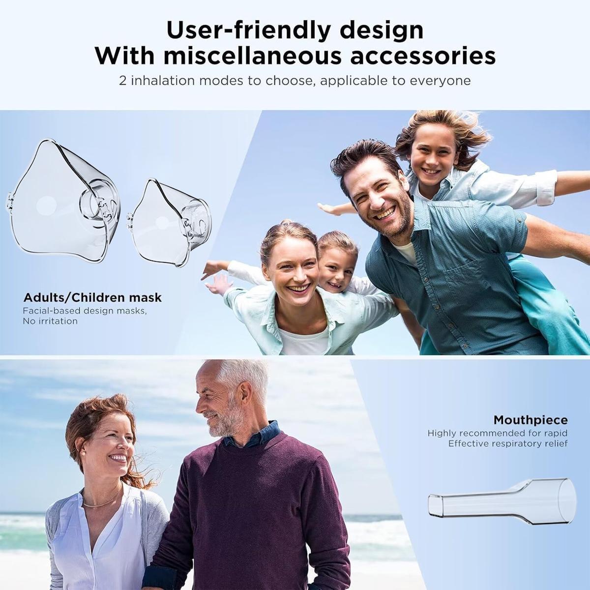 Handheld Ultrasonic Nebulizer, Portable Home Nebulizer, Rechargeable Mesh Nebulizer, Includes Face Mask and Mouthpiece, Features a Compact and Self-Cleaning Design, Suitable for Home Use, Travel, and Respiratory Assistance.