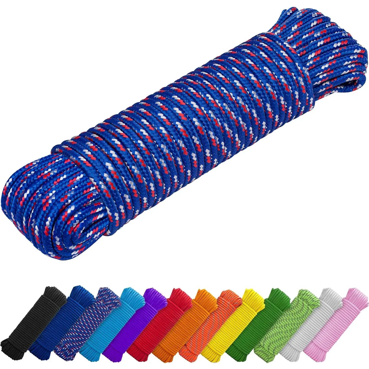 Lightweight Braided Rope - 90ft x 1/4in (7mm) Polypropylene-Nylon Blend Cord, All-Purpose for Camping, Flag Pole Use