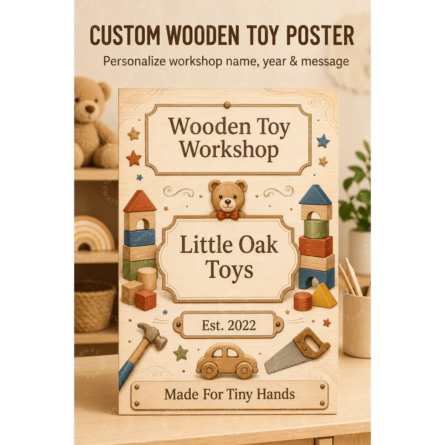 Custom Wooden Toy Poster, Personalized Toy Workshop Wall Art, Nursery Playroom Decor, Kids Bedroom Aesthetic Poster, Handmade Toy Maker Gift, Baby Room Living Room Office Wall Decor