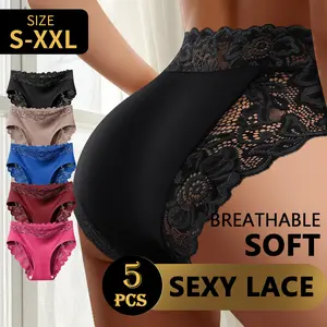 QUASTI Women's 5 Pack Mid Waist Lace Trim Briefs, Soft Stretchy Smooth Hip Lifting No Roll Down, No Show Skin-Friendly Breathable Comfortable Full Coverage Daily Underwear, S-XXL