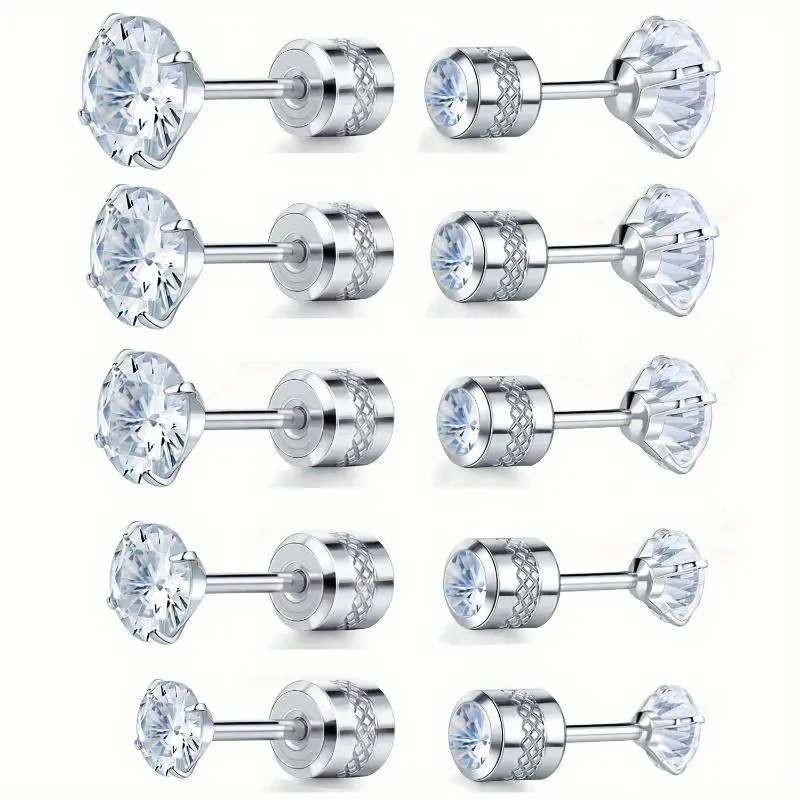 10Pcs Chic Spiral-Back Earring Stack, 304L Stainless Steel Hypoallergenic Stud Earrings, Multi-Size 2mm/3mm/4mm/5mm/6mm Round Artificial Zircon/Cubic Zirconia Inlaid, Bow & Flower Accents, Unisex Daily/Festival Jewelry