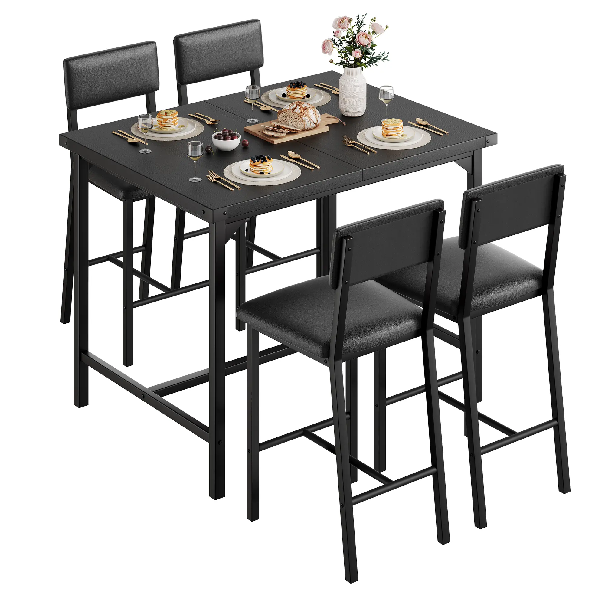 5-Piece Counter Height Dining Table Set for 4 - Space-Saving Dining Room & Kitchen Furniture with Footrest, Backrest & Metal Corner Protectors, 4 Upholstered Bar Stools, Embossed