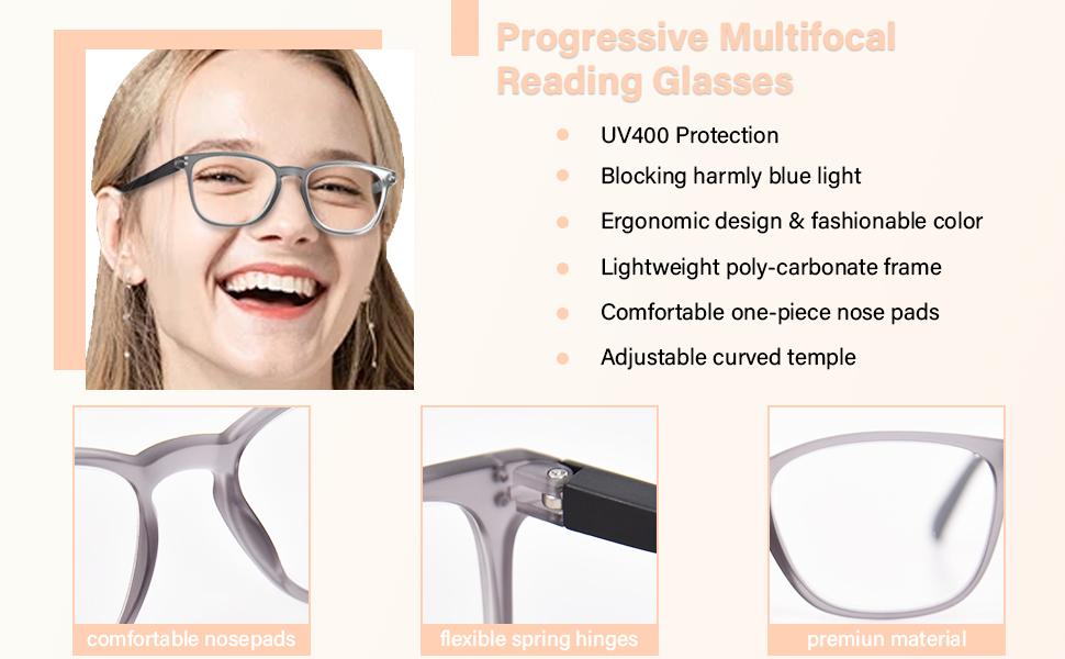 Progressive Multifocus Reading Glasses Women Men Blue Light Blocking Computer Readers Spring Hinges Eyeglasses