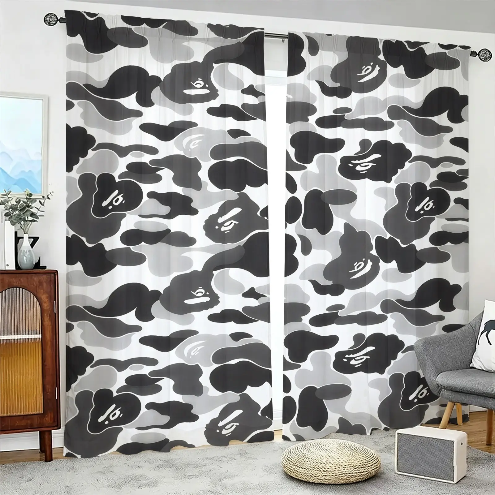 Black White Grey Cartoon Ape ABC Camouflage Decorative Curtains, Two-Piece Rod Pocket Design, No Drilling Easy Install, Privacy Noise Reduction Drapes, Trendsetters' Bedroom Dorm Gaming Room Decor