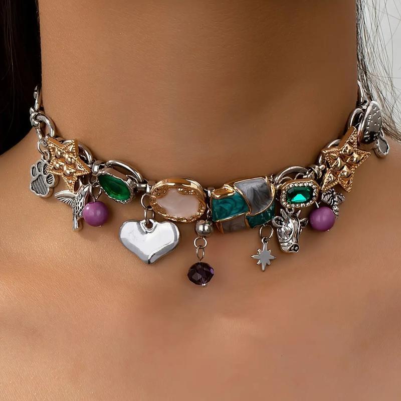 Trendy Bohemian Bull Head & Bee Pendant Necklace - Vintage Hand-Painted Enamel Star Charm, Stacked Chain Unique Craft Jewelry for Women's Casual Music Festival Outfits, Valentine's Day Holiday Gift Daily Accessory