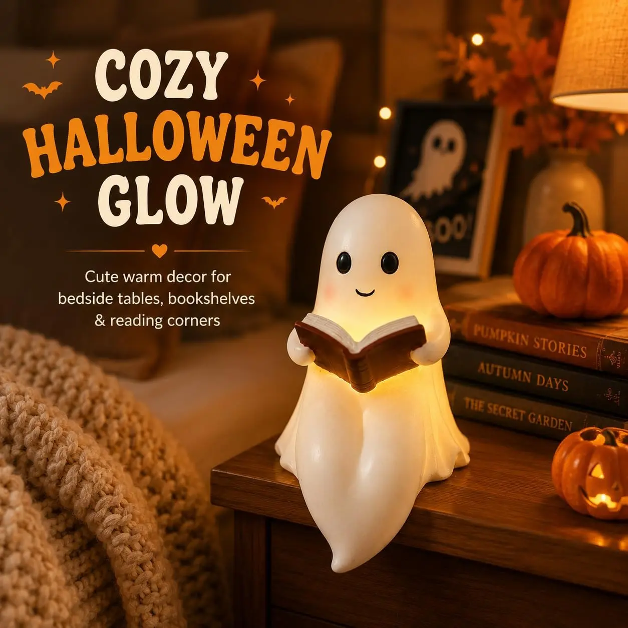 Halloween Ghost Reading Statue with Light, Creative LED Ornament, Cute Ghost Design, Perfect for Festive Home Decor