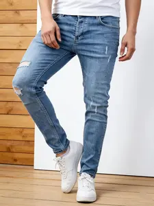 Men's Korean Style Slim Fit Jeans, Trendy Ripped Elastic Casual Small Cuff Pants, All Seasons Fashion, Comfortable and Stylish