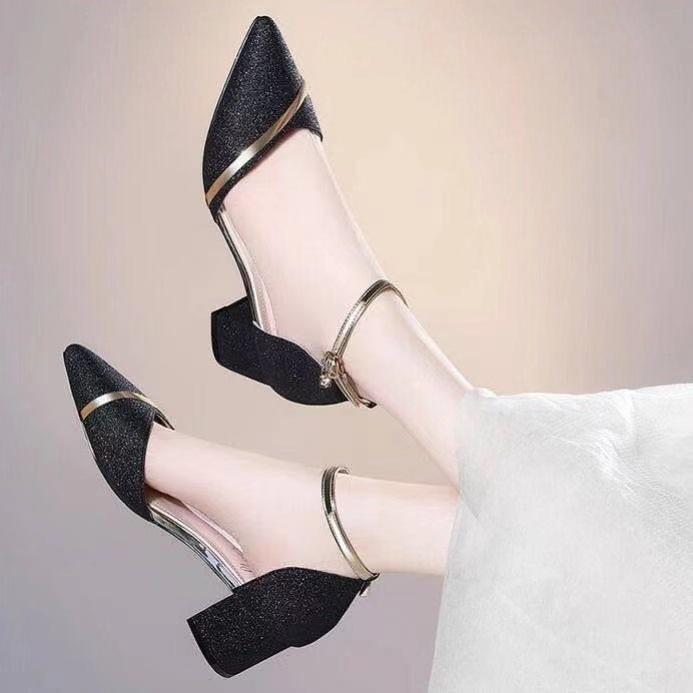 Spring Women Korean Style One Strap Closed Toe Sandals Chunky High Heels Pointed Toe Hollow Design Comfortable Feet