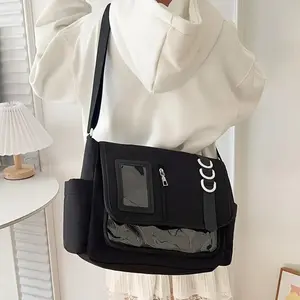Fashion Casual Ita Crossbody Bag for Students, Lace-Up Slouch Shoulder Bag with Mesh Pocket & Clear Card Slot, Versatile Daily Commute & School Tutoring Bag summerwins,summerwins