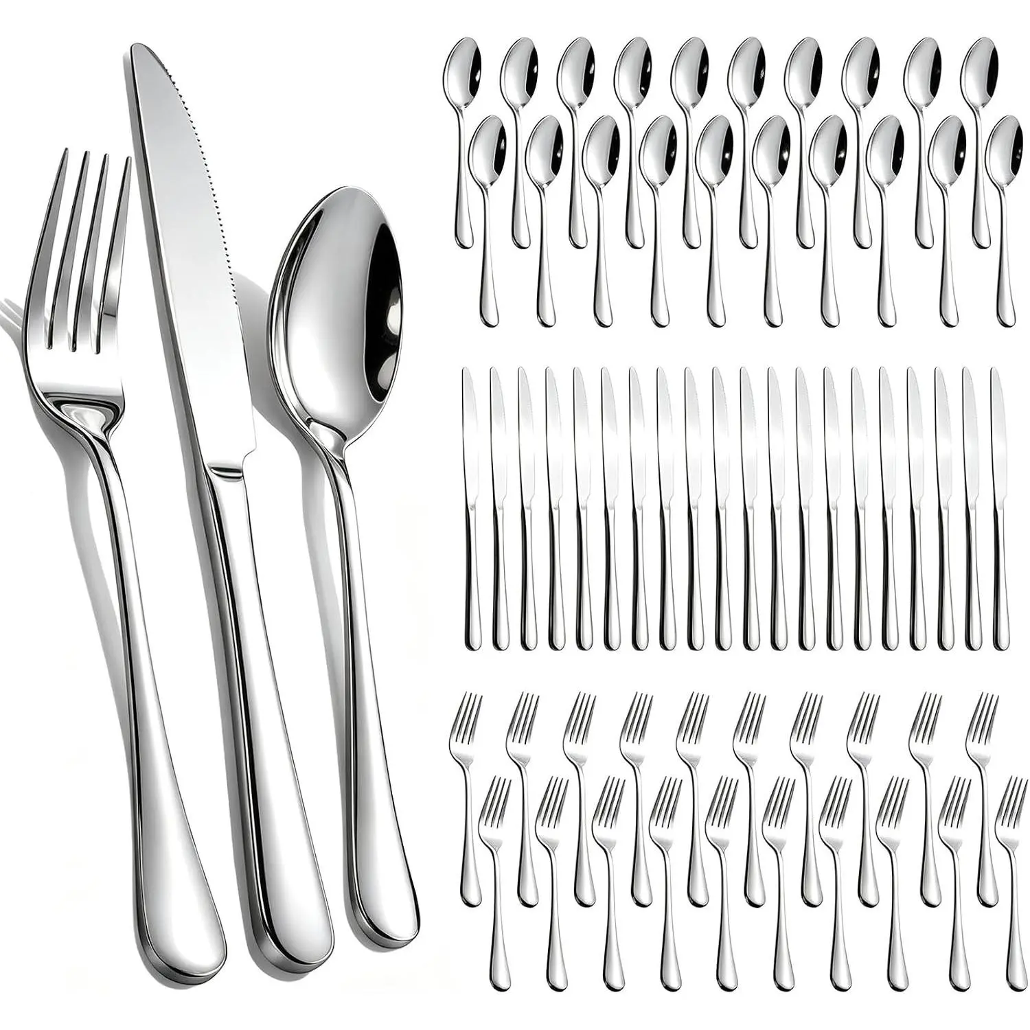 60-Piece Silver Silverware Set for 20, Stainless Steel Flatware Cutlery Set, Mirror Polished, Includes Forks Spoons Knives, Dishwasher Safe, Ideal for Home Wedding Restaurant