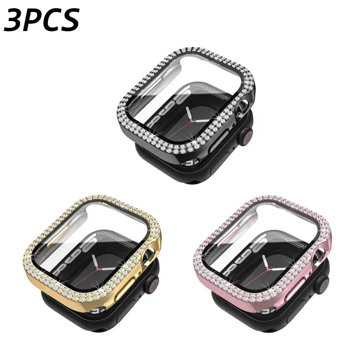 3PCS Electroplated Double Row Rhinestone Integrated PC Case With Tempered Glass, Full Protection Cover For Apple Watch Series5-11 Ultra All Sizes (No Watch Included)