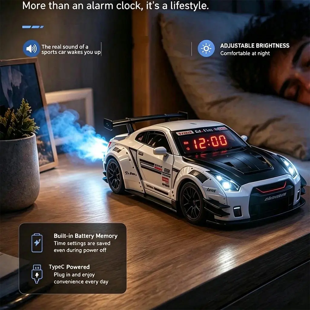 Simulated Sports Car Alarm Clock with Adjustable Engine Roar Sound, Mist Sprayer, and Creative Desktop Ornament for Automotive Enthusiasts