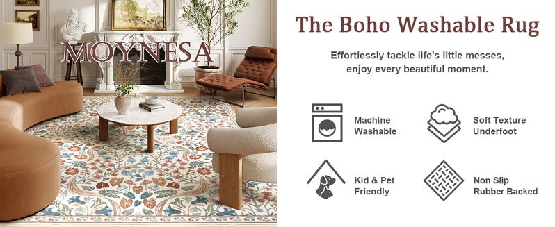 Moynesa Floral Washable Faux Cashmere Rugs, 8x10 Area Faux Cashmere Rug for Living Room, Soft Large Boho Bedroom Faux Cashmere Rugs, Flower Non Slip Ultra Thin Botanical Carpet for Dining Room Nursery Office, Beige