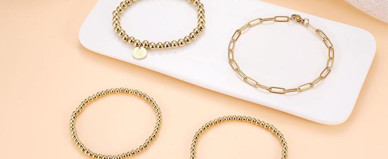 Gold Beaded Initial Bracelets for Women 14K Real Gold Plated Stainless Steel Stackable Bead Ball Papercilp Link Chain Non Tarnish Layered Stretch Engraved Letter A-Z Disc Charm Bracelets Set