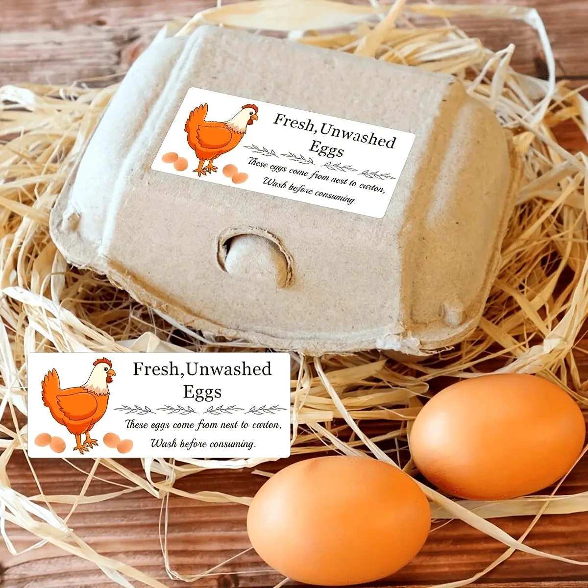 150 Piece Farmhouse Fresh Egg Carton Sticker Set - 1.25x1.5 Inch Rustic Poultry Label - Glamorous Rooster & Egg Pattern & Food Safety Alert