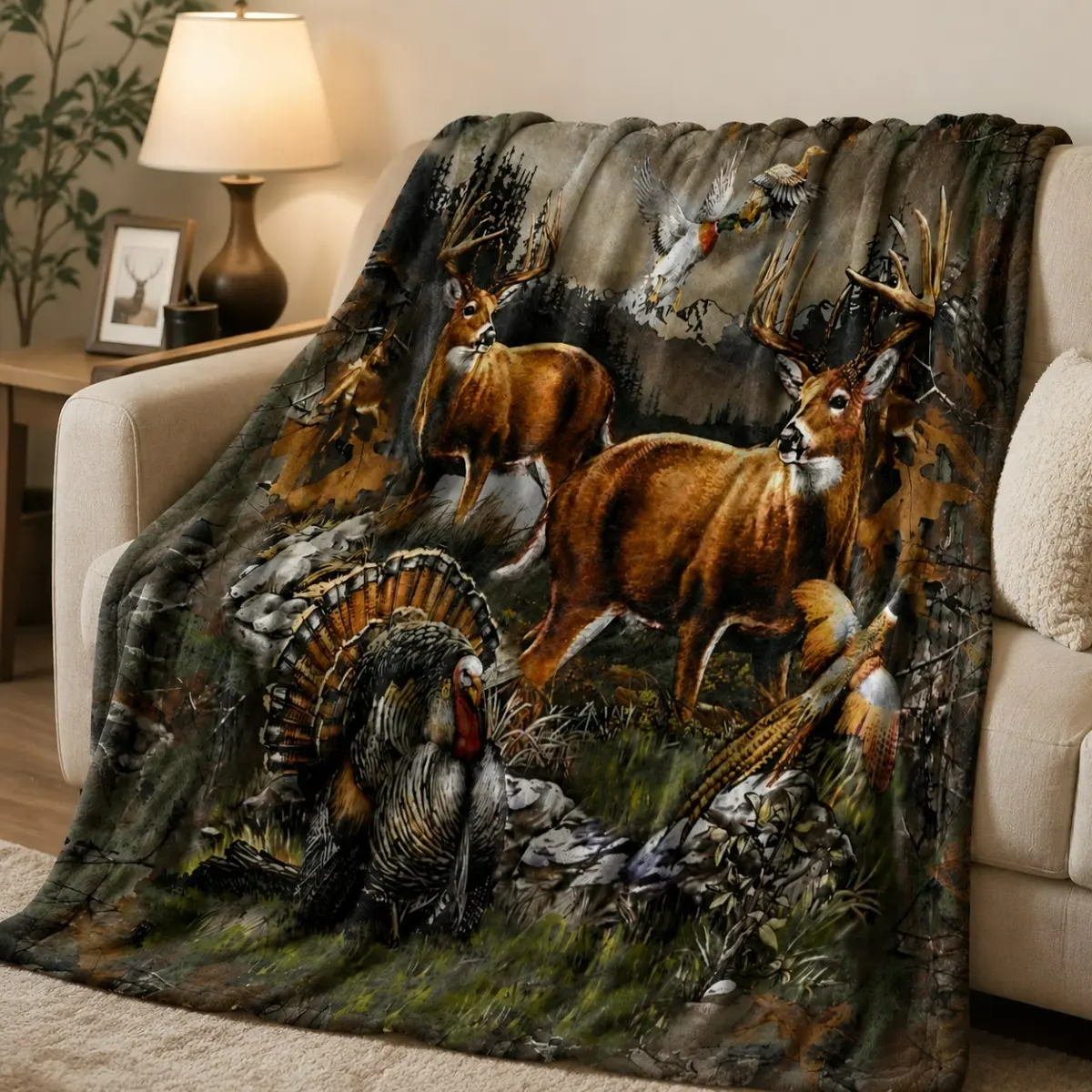 Wildlife Animal Print Blanket, Soft Flannel Fleece Throw Blanket with Deer & Forest Design, Cozy Warm Blanket for Sofa Bed Camping Travel Home Decor Gift