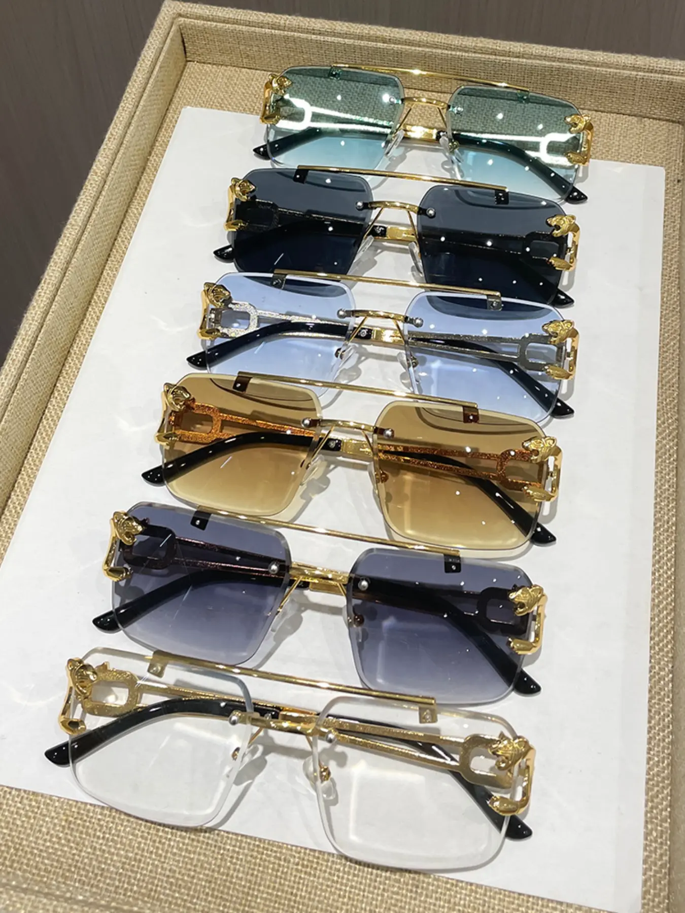 6 Pairs Luxury Frameless Square Sunglasses, Metal Embossed Design, Gradient Lenses, Men's Business, Driving, Street Style Accessories