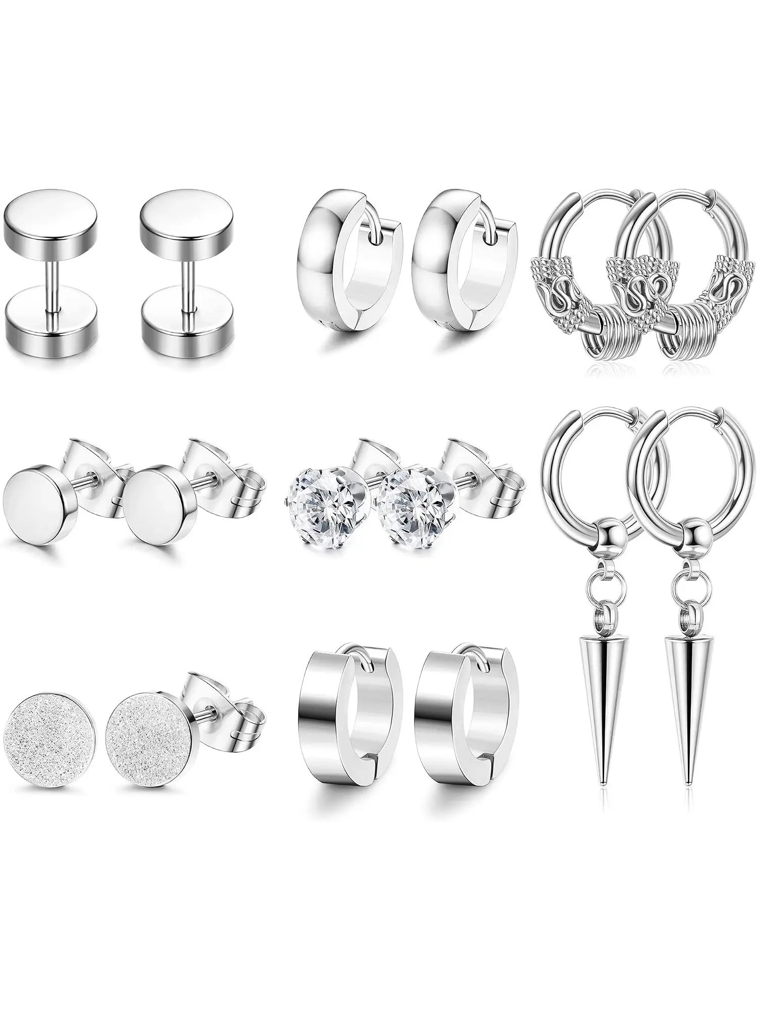8 Pairs Silver Black Men's Earrings 316L Stainless Steel Barbell Screw Studs Dangle Hoops Lobe Studs Cubic Zirconia Stud and Hoop Set Earrings for Mens Boys