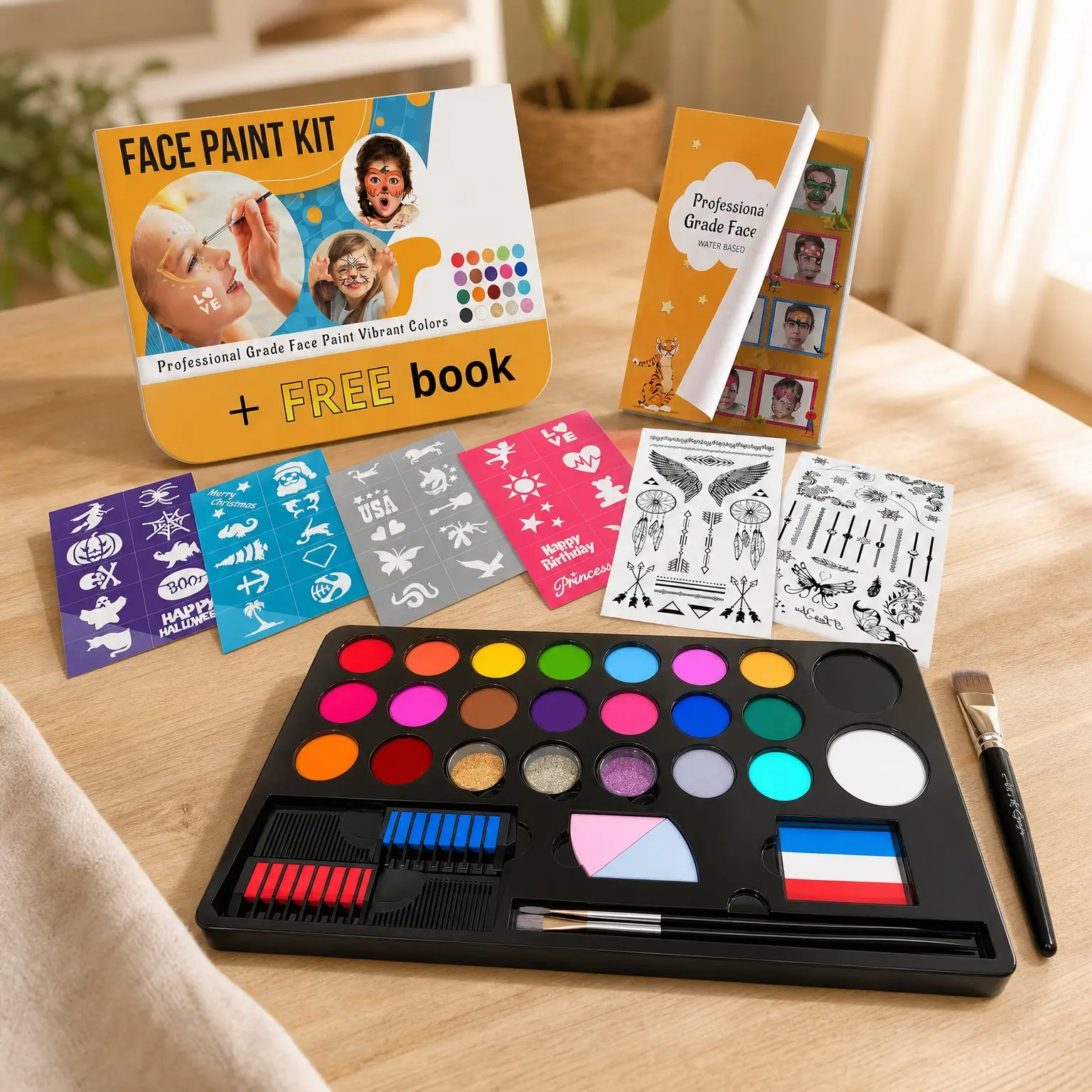 Face Paint Kit for Kids – 20 Washable Colors, Stain-Free, Paints 60+ Faces, Hair Chalk, Glitter, Brushes, Stencils, Non-Toxic, Perfect for Birthdays, Halloween, Parties