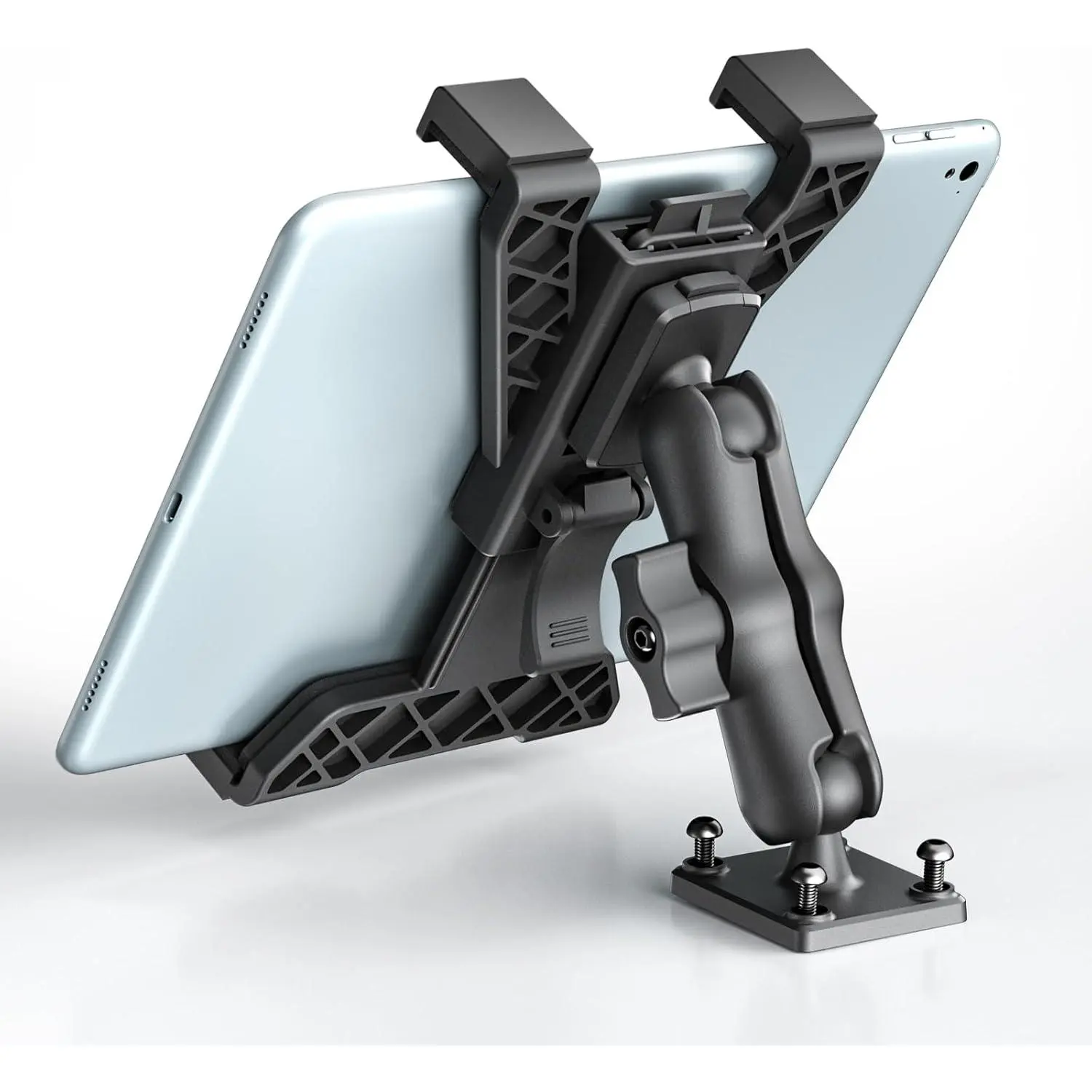 Heavy Duty Drill Base Tablet Mount with 5-Inch Double Ball Joint Adjustable Mounting Base, Sponge Contact Point Clips for Trucks, 7"-11" iPad, Mini, Samsung Galaxy, Dashboard & Desks (Business Use), Tablet Car Holder, 4-Hole Drilled Mount
