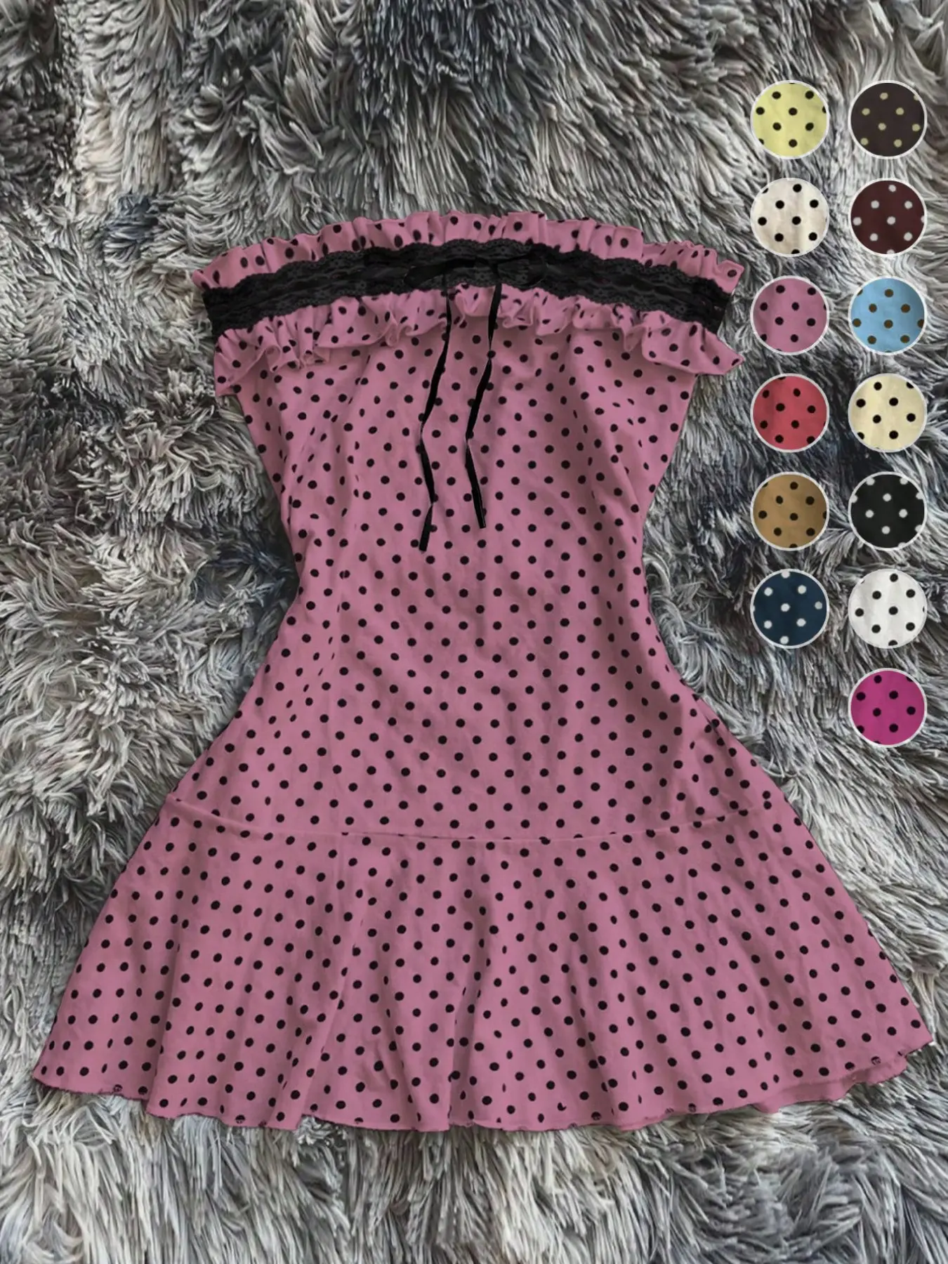 Multicolor European and American Sexy Girl Chic Style Holiday Strapless Bodycon Dress, Contrast Lace Wood Ear Neckline Ruffle Hem Dress