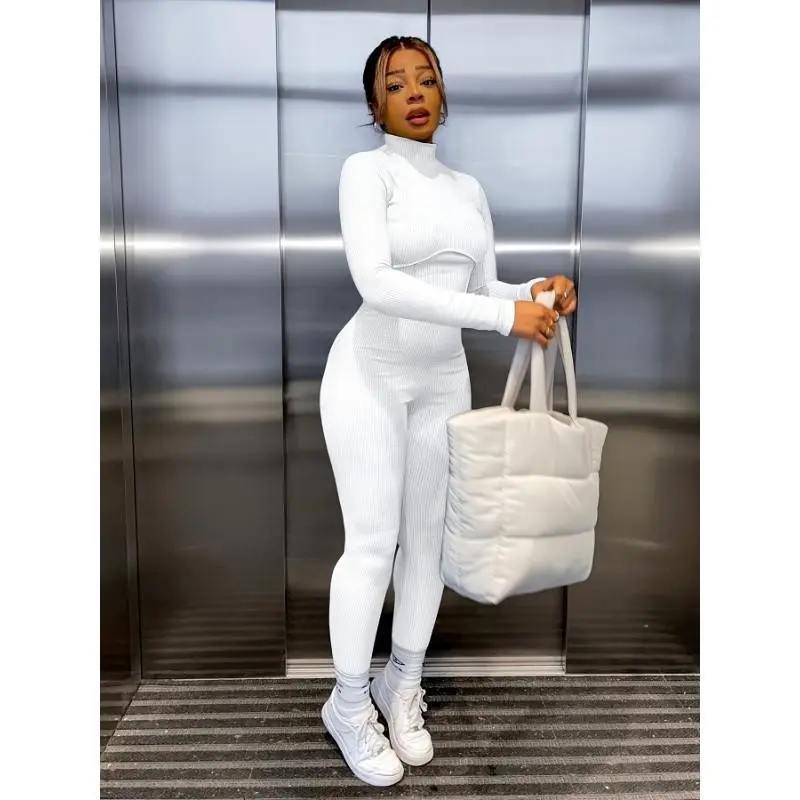 Women's Solid Color Tight Turtleneck Long-sleeved Jumpsuit in Polyester and Spandex Medium for Casual Wear Womenswear Bodysuit