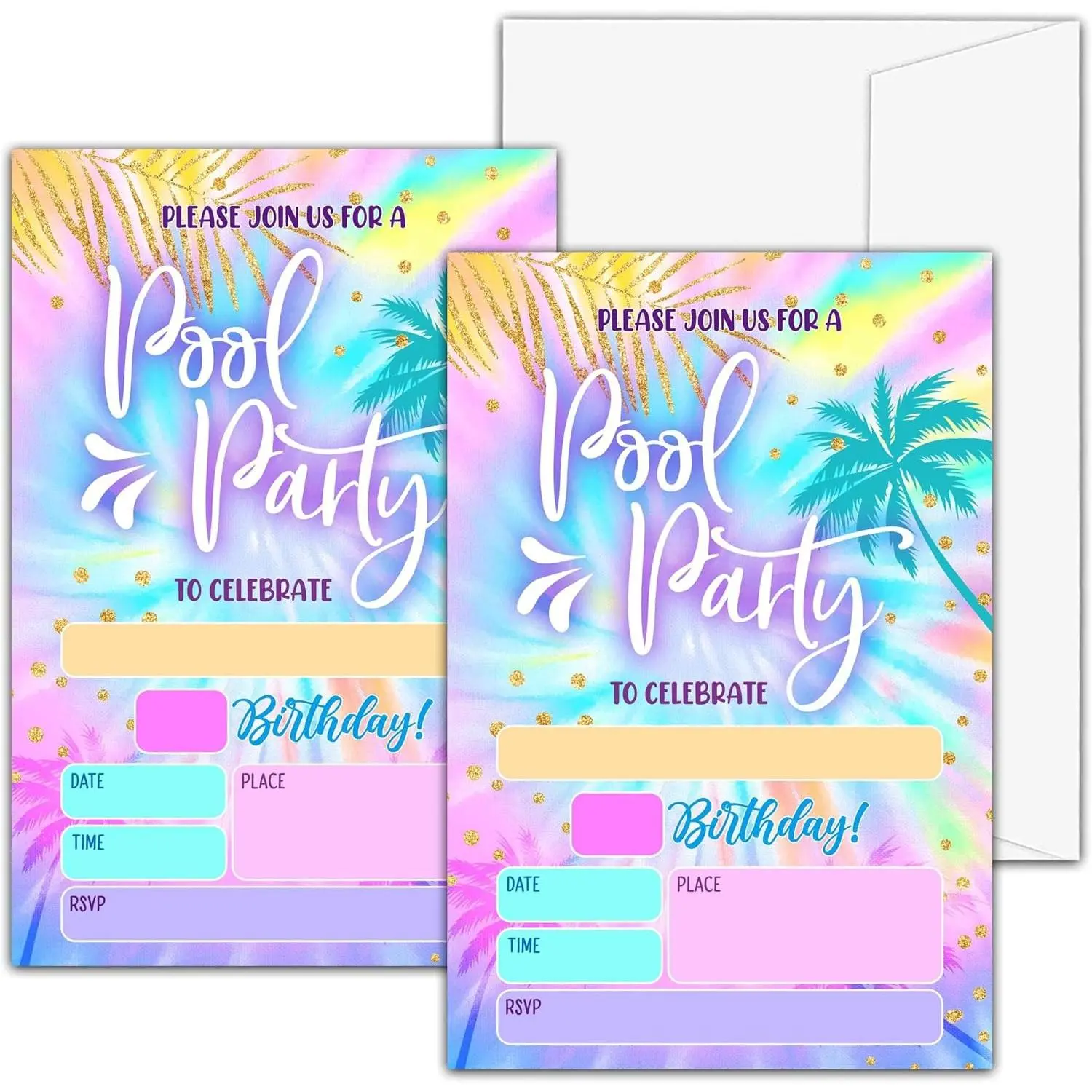 Pool Party Birthday Invitations For Girls Boys, Tie Dye Birthday Party Invitations, Birthday Party Fill In Invitation Cards, Summer Birthday Party Favor Supplies (20 Invites With 20 Envelopes) -A08