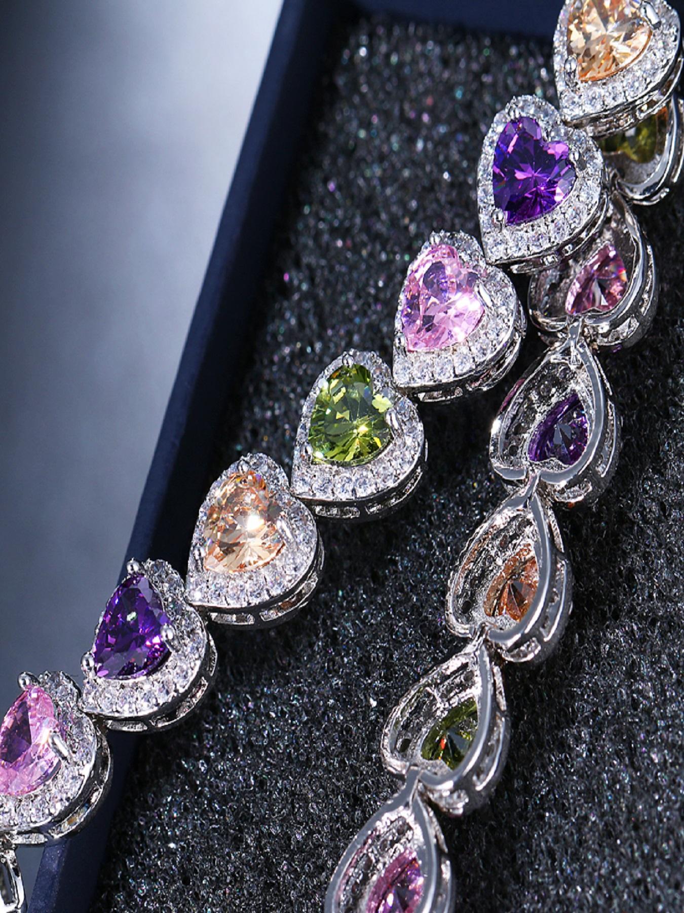 Women's Elegant Colorful Heart Shaped Zircon Decor Bracelet, Exquisite Trendy Bracelet, Fashionable Jewelry for Women & Girls As Gift, Heart Design Bracelet, Heart Charm Bracelet