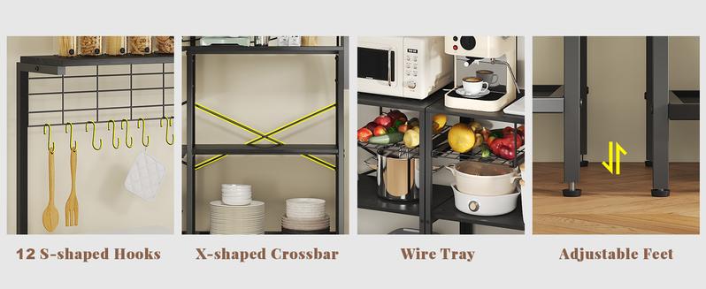 L-Shaped Bakers Rack with Power Outlet, 6-Tier Microwave Stand with Open Storage, Kitchen Shelf with Hooks, Coffee Bar with Wire Basket, White L-Shaped Bakers Rack with Power Outlet, 6-Tier Microwave Stand with Open Storage, Kitchen Shelf with Hooks, Coffee Bar with Wire Basket, White