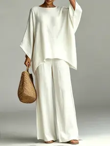 C0812 Women’s Boho Two-Piece Co-ord Set, Trendy Summer Casual Outfit, Loose Batwing Sleeve Top with Irregular Asymmetrical Hem & High Waist Wide Leg Pants, Great for Daily Looks and Holiday Vacations