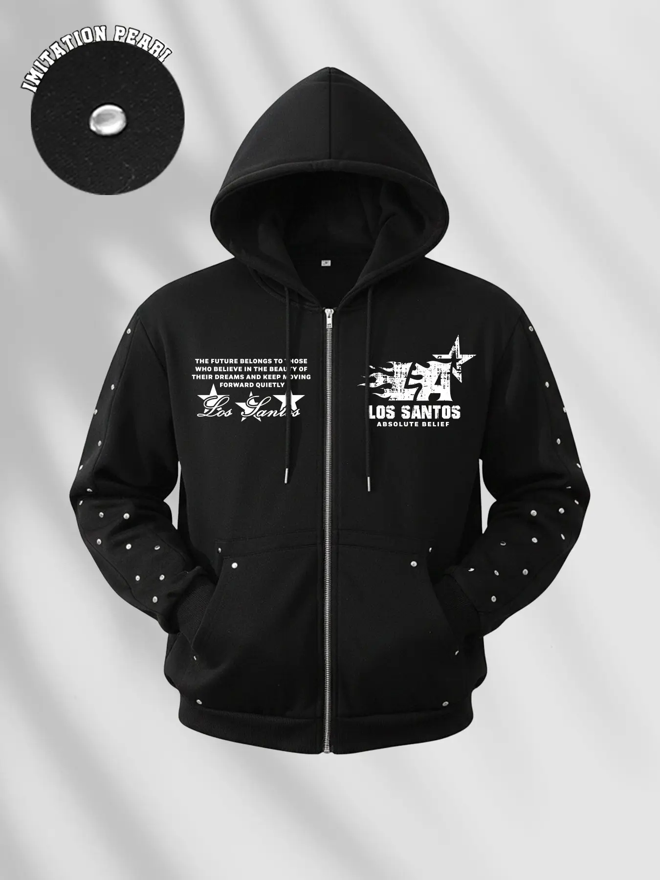 Y2K Punk Style Zip-Up Hoodie, Los Santos La Rivet Jacket, Silver Color Metal Rivets on Sleeves and Pockets, Casual Fitted Sweatshirt
