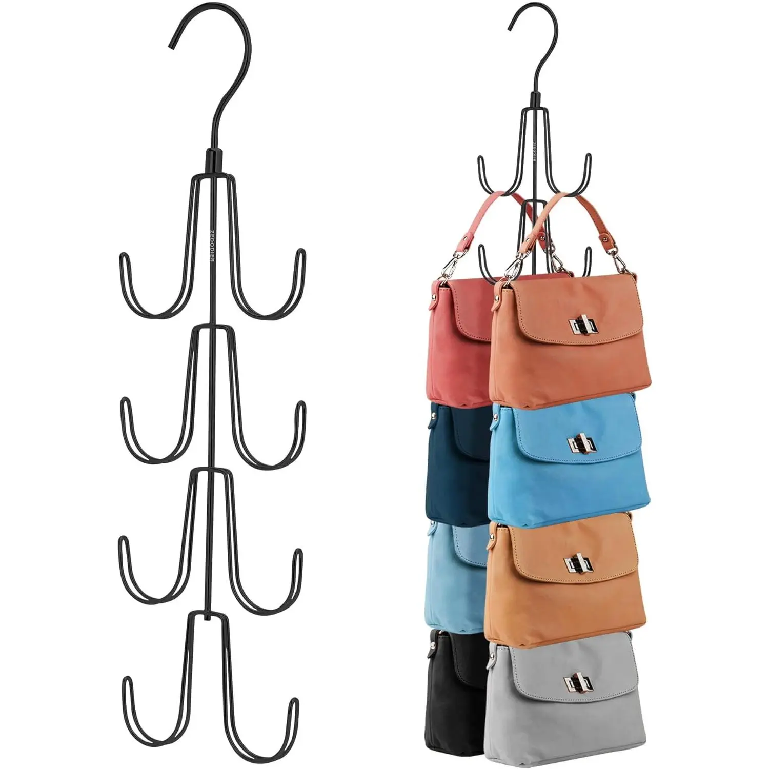 Metal Frame Closet Organization Functional Rack, 360-Degree Rotatable Space-Saving Hanger for Backpacks/Purses, Max 16 Bags Storage Holder, Black Kraft, Rotates Easily