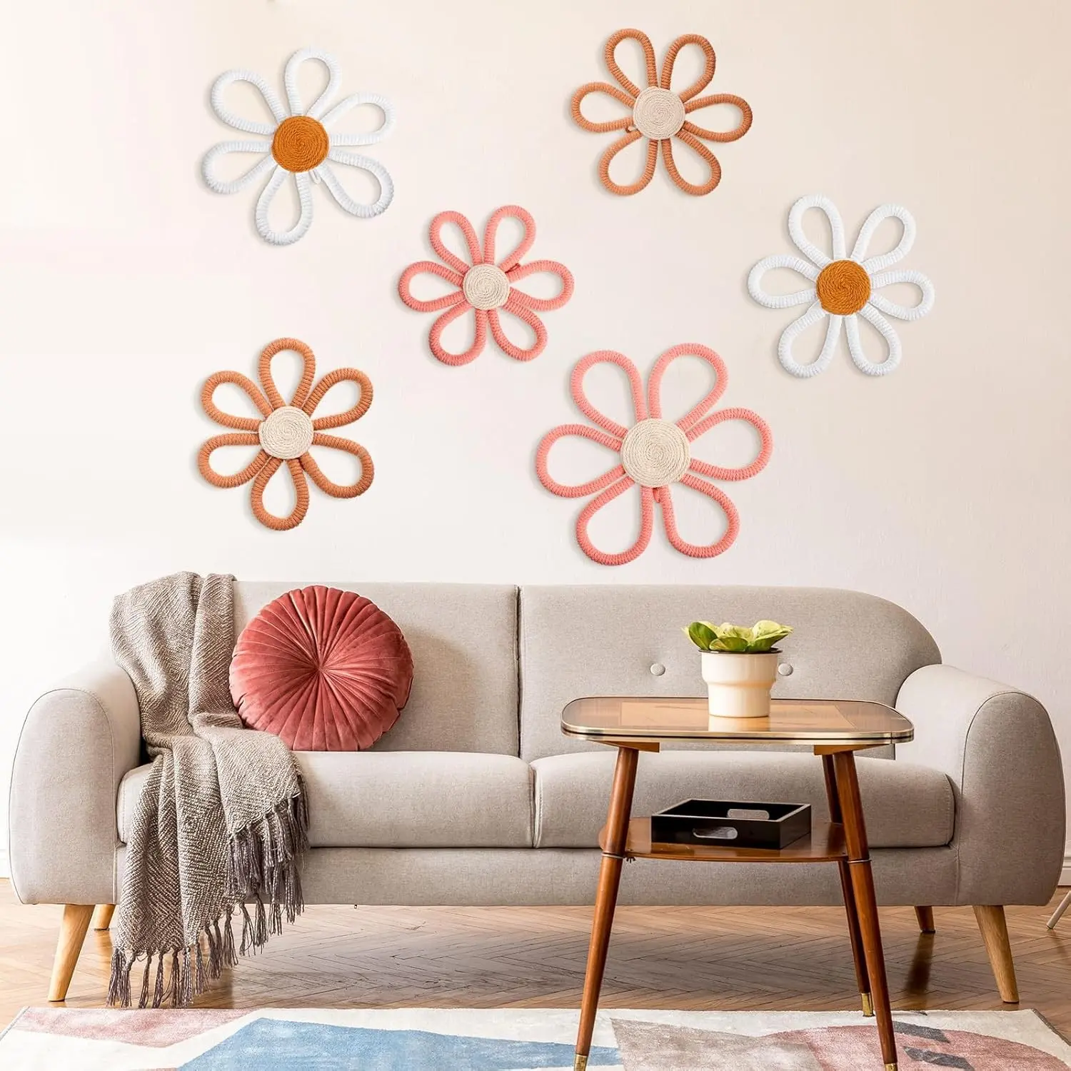 6-Piece Handmade Cotton Multi-Size Daisy Boho Wall Decorations, 3-Size Woven Macrame Wall Hangings, Pink/Brown/White Home Dorm Art, Ideal Gift for Nursery