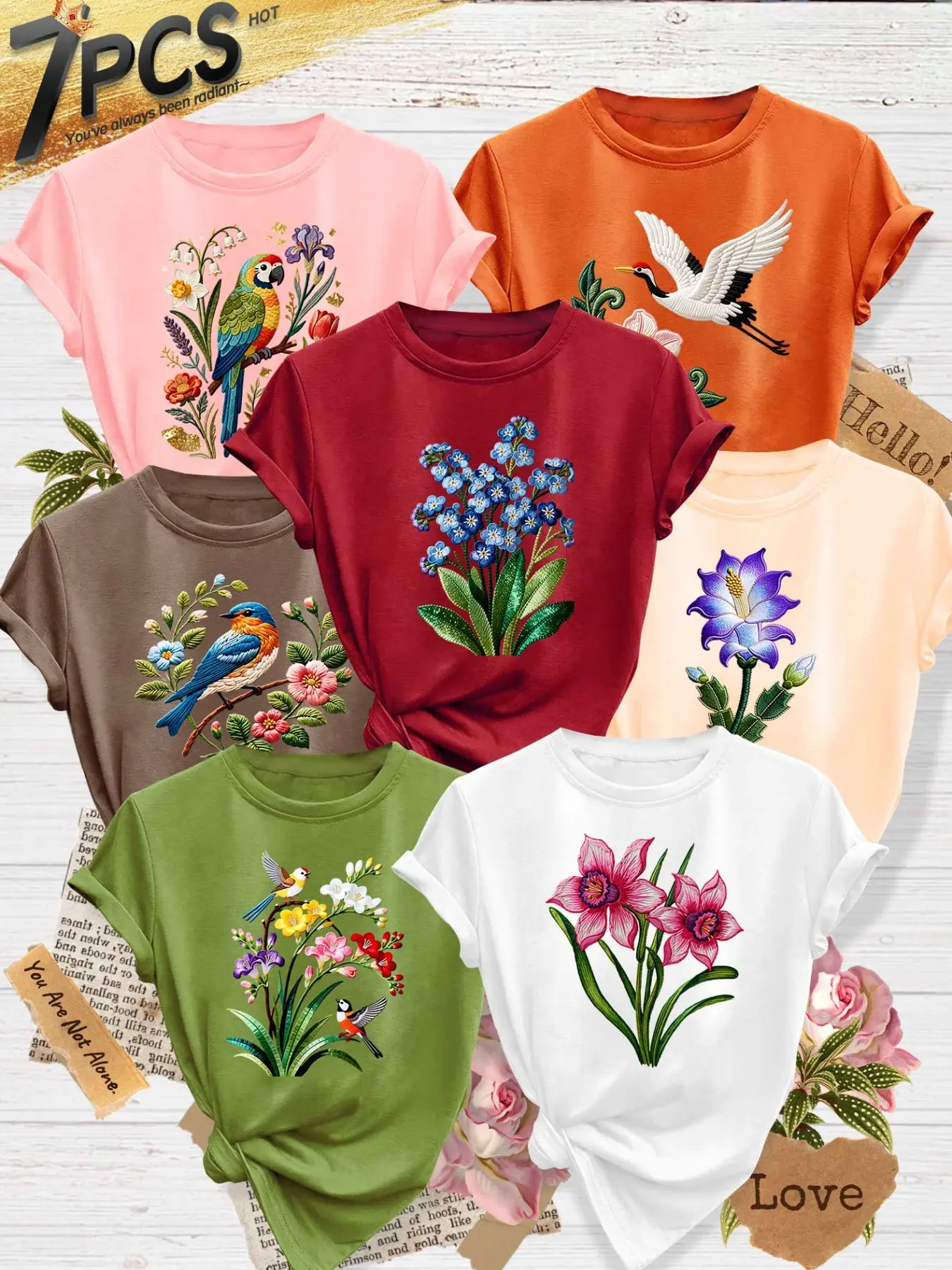 7Pcs Women Crew Tee, Crane Parrot Bird Oriental Floral Embroidery Print, multi-color washable spring Summer tee