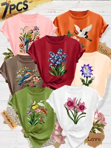 7Pcs Women Crew Tee, Crane Parrot Bird Oriental Floral Embroidery Print, multi-color washable spring tee