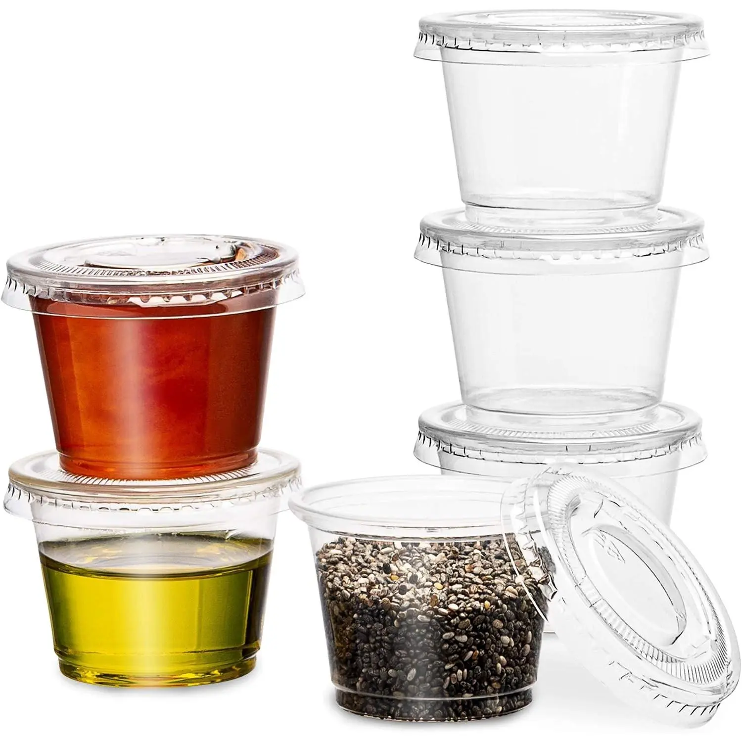 Clear Disposable Plastic 1 Oz Portion Cups (100 Sets) - Condiment, Sauce, Dressing, Jello Shot Cups With Lids
