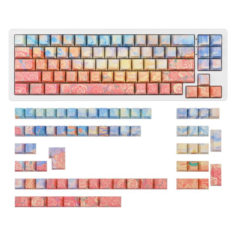 Rose Coast Gradient Oil Painting Style PBT Keycaps Compatible with 61/64/87/104/108 Cherry Switches Side-Engraved Transparent Keycaps Five-Sided Dye-Sublimation Custom Mechanical Keycaps Wear-Resistant Non-Transparent