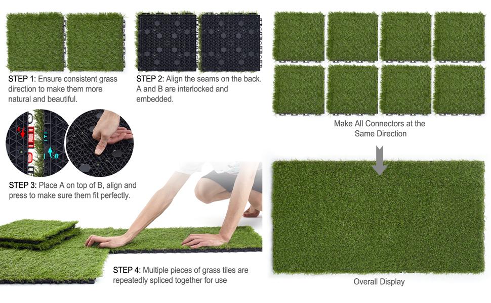 Artificial Grass Turf Tile 12"x12" Synthetic Turf Grass Self-Draining Interlocking Deck Tiles Fake Grass for Balcony & Indoor & Pet Areas (8-Pack)