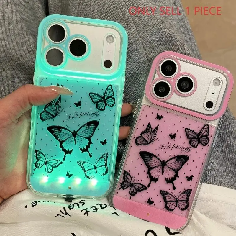 Matte Butterfly LED Phone Case Cover, Hollow Out Cartoon Design, Glow-In-Call, Couple Style, Girlie Heart Pattern, for iPhone X/XR/XS MAX/11/12/13/14/15/16/17 Pro/Plus/Pro Max