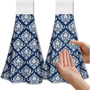 Blue Retro Damask  Kitchen Towels with Loop, Set of 2 - Soft & Super Absorbent Microfiber Decorative  Dish & Hand Towel, , Coffee Towel for Kitchen Bathroom Oven Handle