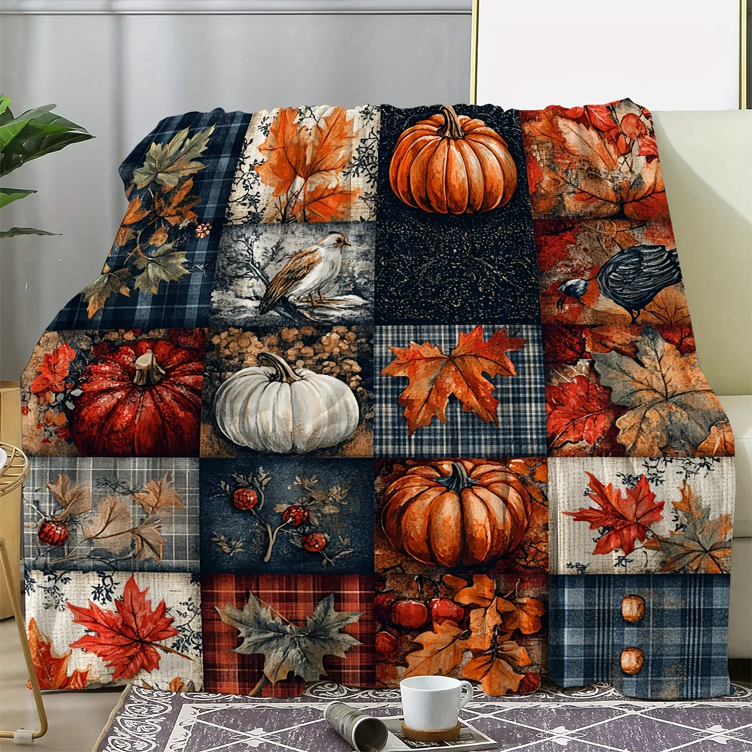 Heavyweight 280gsm Flannel Throw Blanket - Soft Plush All-Season Warmth, Pumpkin Maple Leaf & Plaid Patchwork-like Fall Foliage Print in Orange/Brown/Red/Black/Beige - Rustic Farmhouse Bedspread for Couch, Sofa, Bed - Cozy Autumn Bed, Halloween