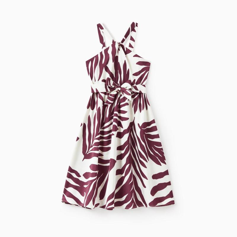 PatPat Family Matching Outfits Red Leaf Print Shirts and Strap Belted Dress for Hawaii/Cruise/Resort/Casual Wear