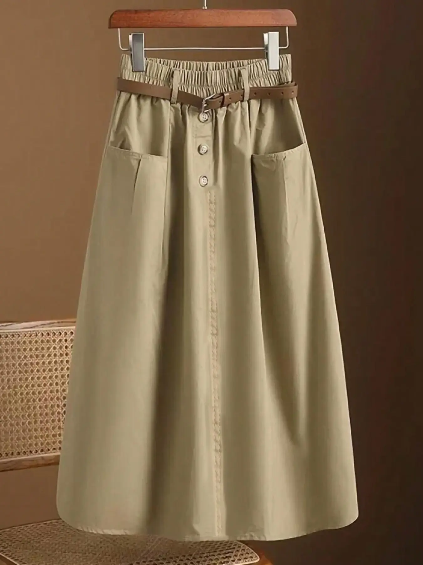 Versatile Solid Color Midi Skirt, High Waist Elastic Letter Skirt, Casual Fashion Mid-Length A-Line Skirt, Trendy and Comfortable Womenswear, Casual Fitted Skirt