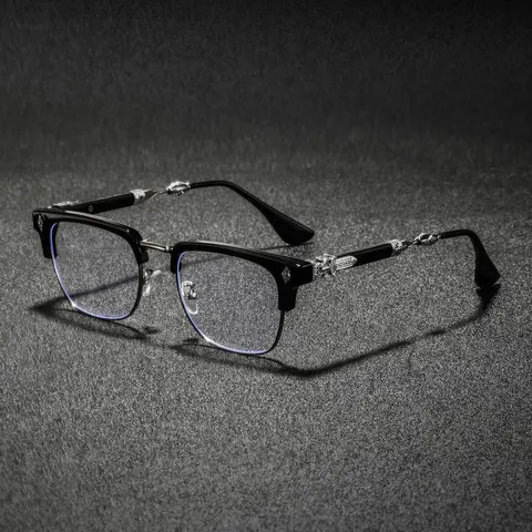 Men's New Metal Half Frame Glasses, High-End Luxury Classic Retro Texture Engraved Stylish Eyewear, Business Casual Fashion Plain Light Trendy Vintage Eyeglasses, Fashionable Frames Glasses